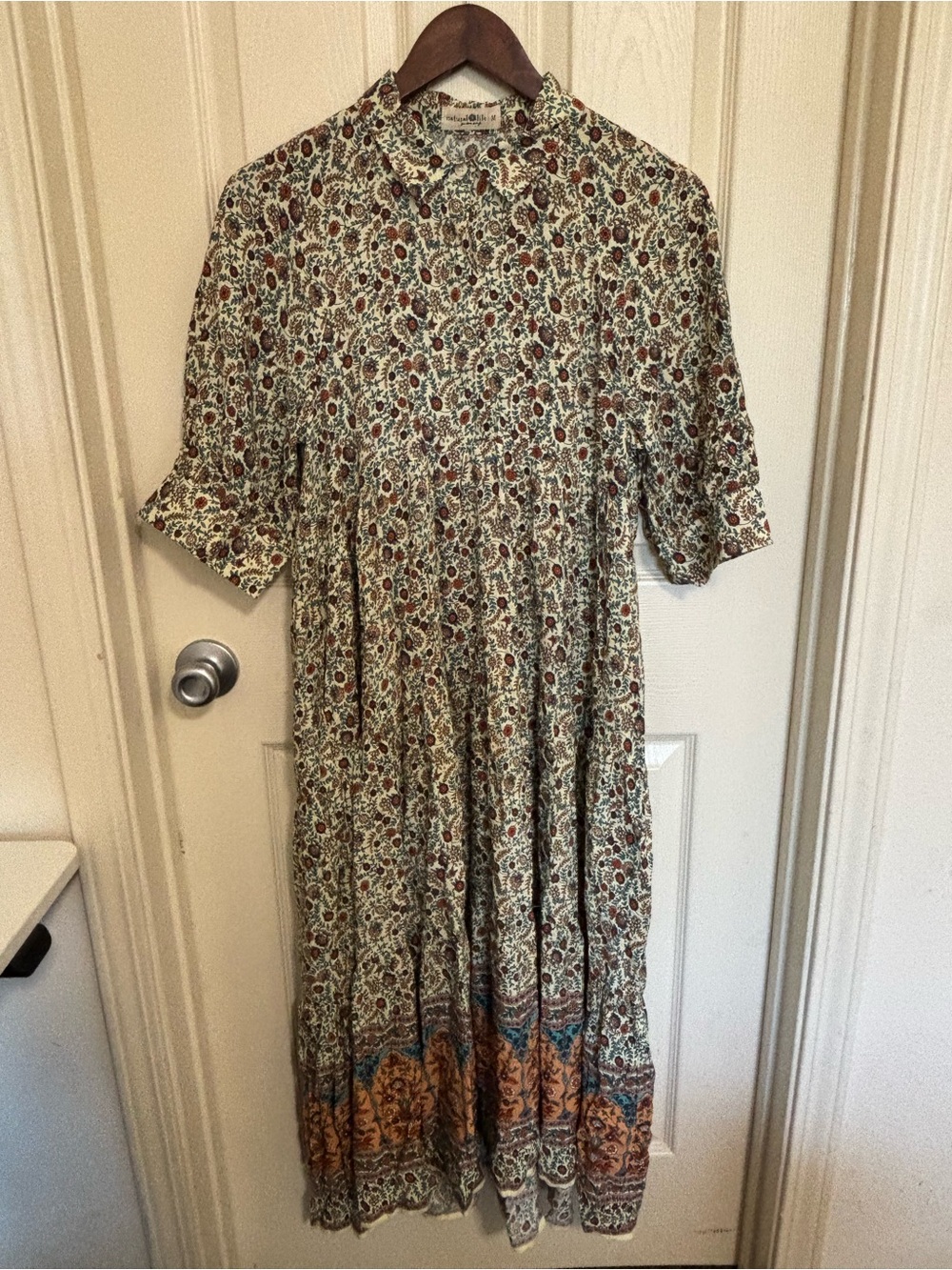 Natural Life Boho Floral Button Midi Dress Cream Rust Blue Rayon M